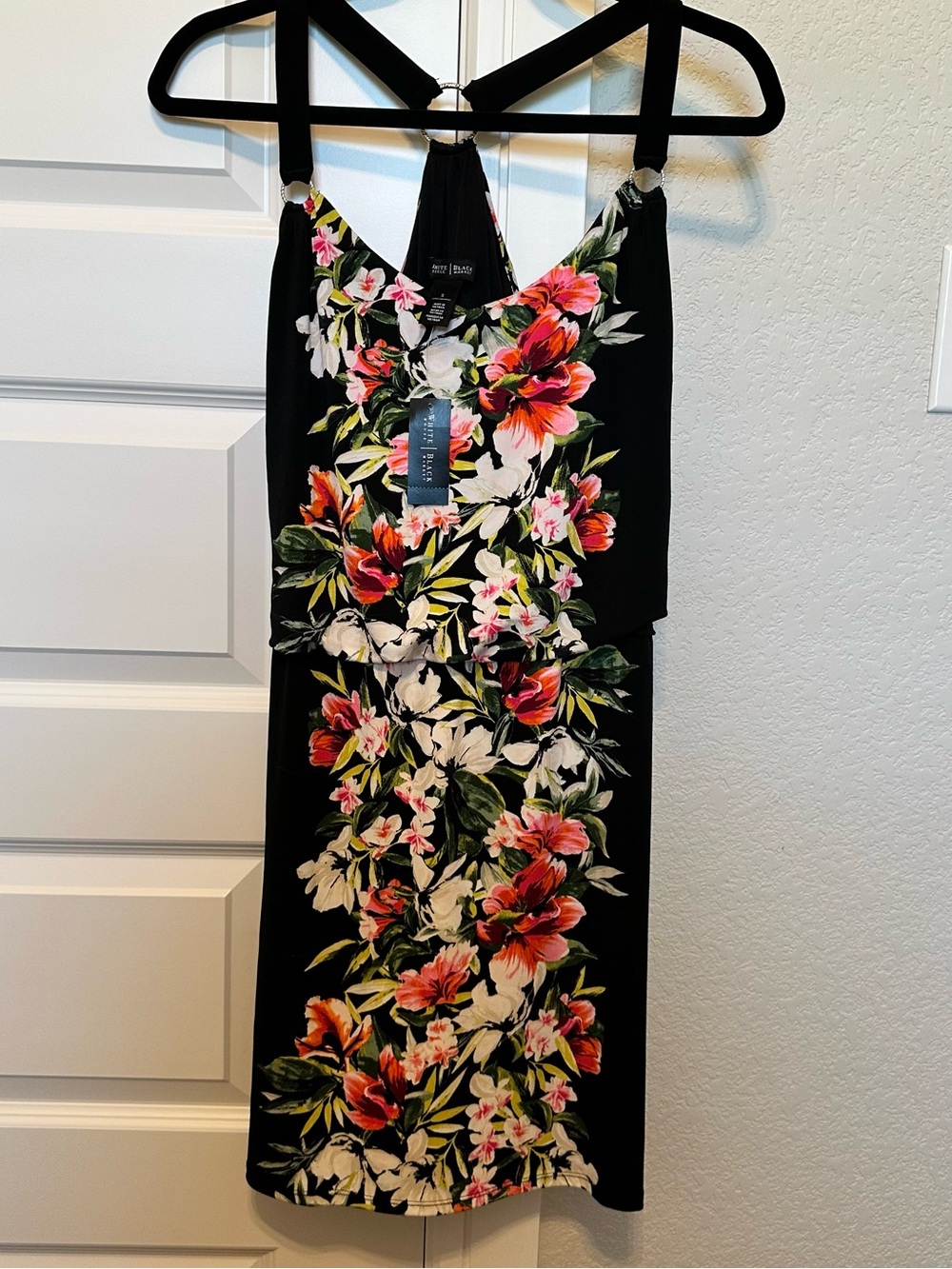 White House Black Market Black Mini Dress with Pink, White & Green Floral Print